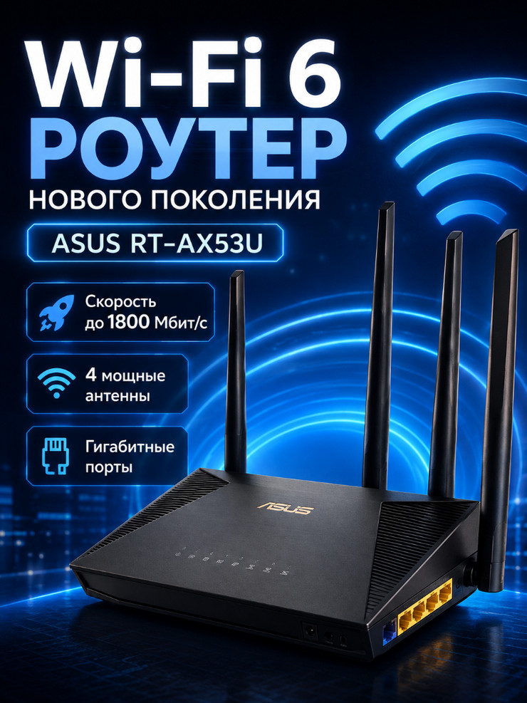 Двухдиапазонный гигабитный ASUS RT-AX53U Wi-Fi 6 роутер  с USB-портом
